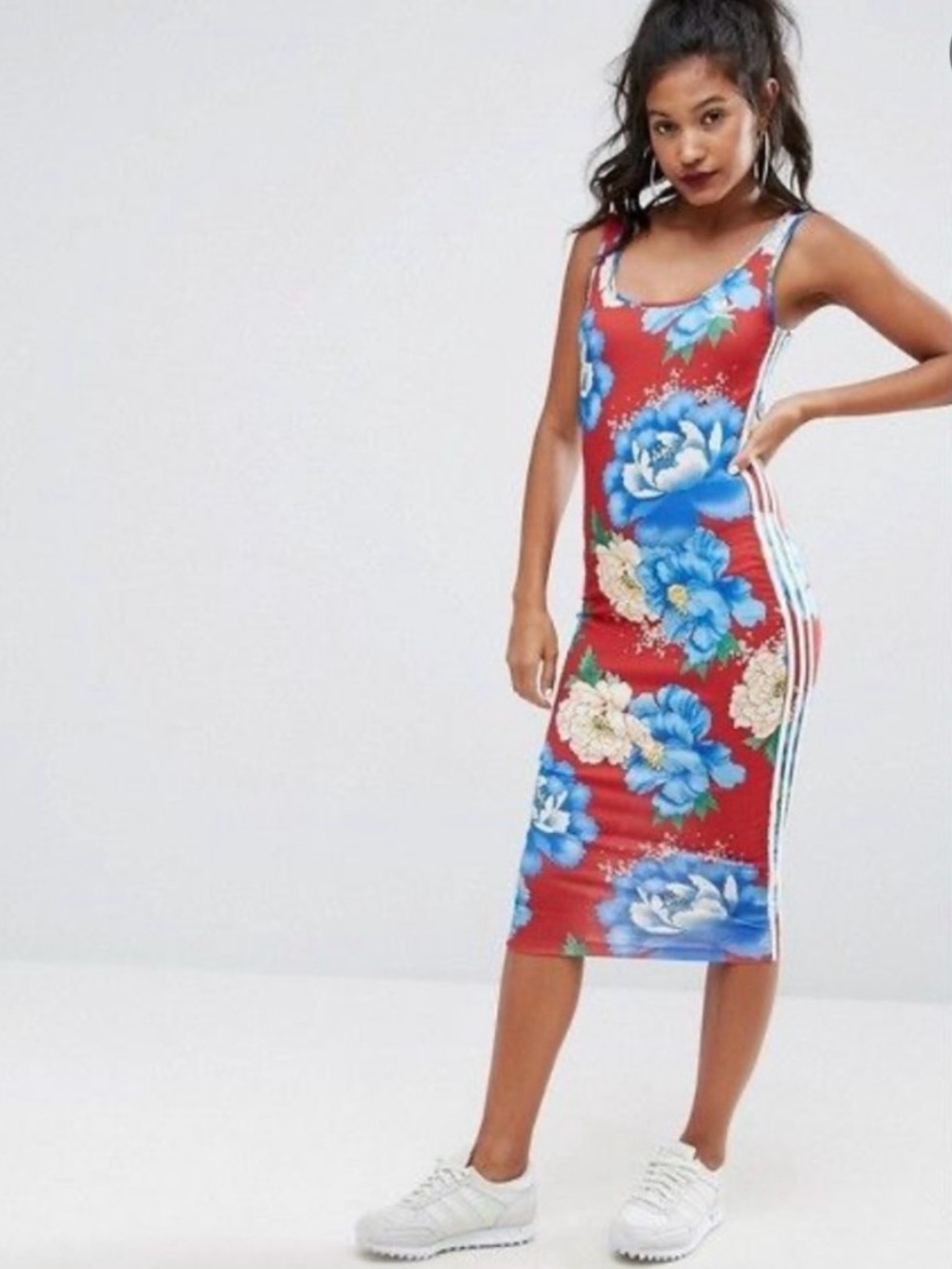 adidas x Farm Rio Chita Red & Blue Floral Bodycon Tank Dress - Picture 2 of 13